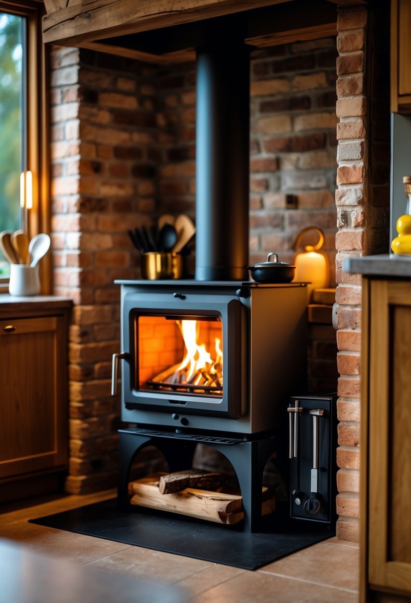 A cozy kitchen corner with a wood-burning stove emitting warm light surrounded by wooden cabinets and kitchen utensils.