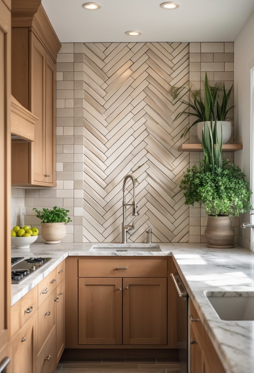 A cozy kitchen with textured neutral-toned wall tiles, wooden cabinets, a marble countertop, and green plants.
