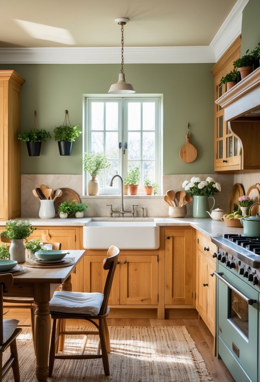A cozy kitchen with sage green and soft beige walls, wooden cabinets, a dining table set with dishes, and sunlight coming through the window.