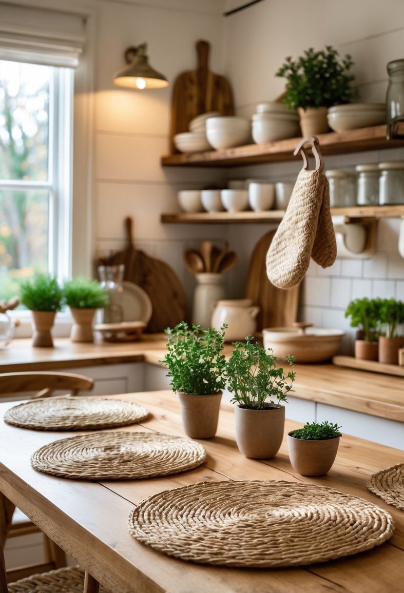 A cozy kitchen with a wooden table set with woven placemats and matching woven oven mitts hanging nearby.