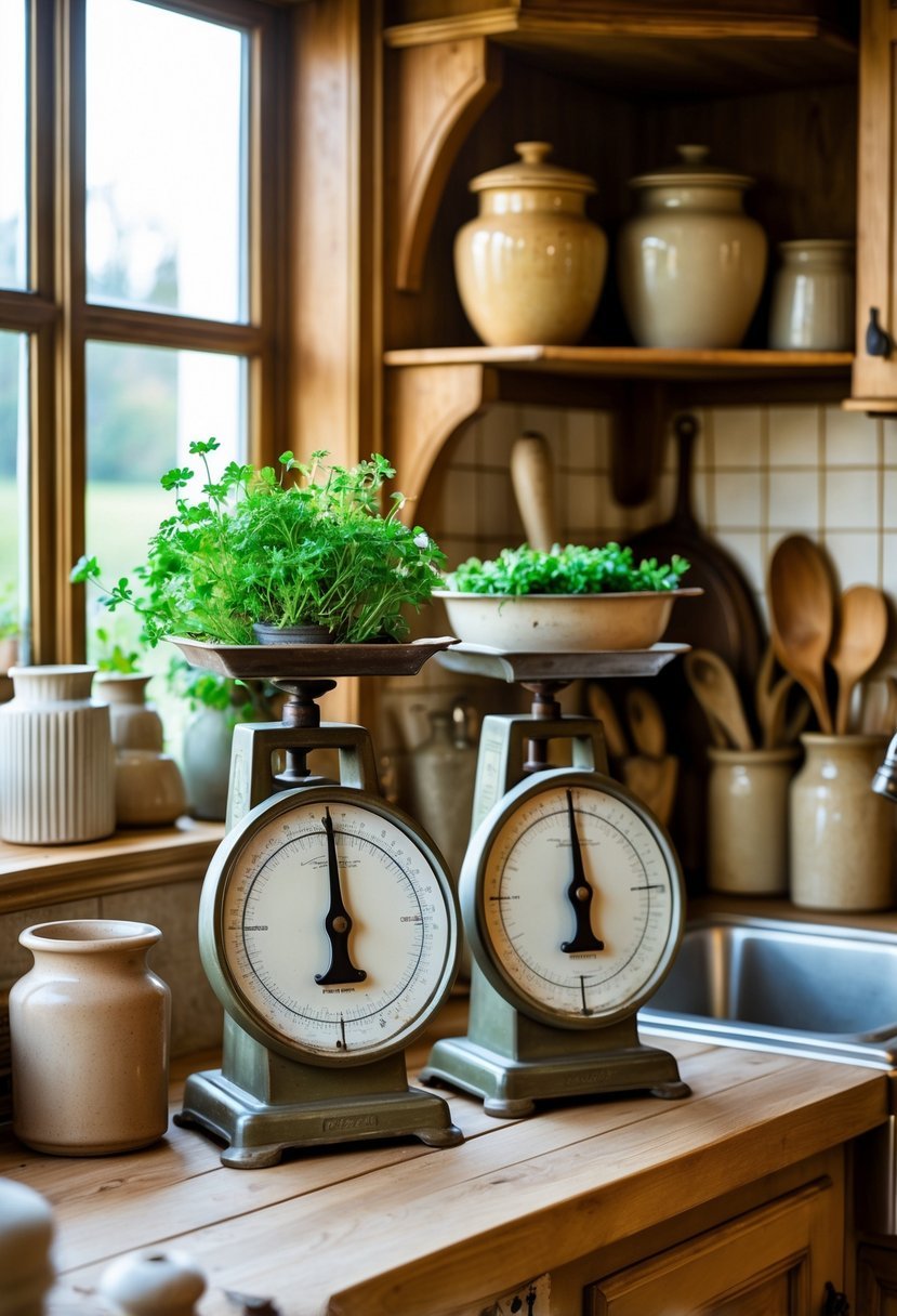 A cozy kitchen with vintage kitchen scales displayed on a wooden countertop surrounded by kitchenware and fresh herbs.