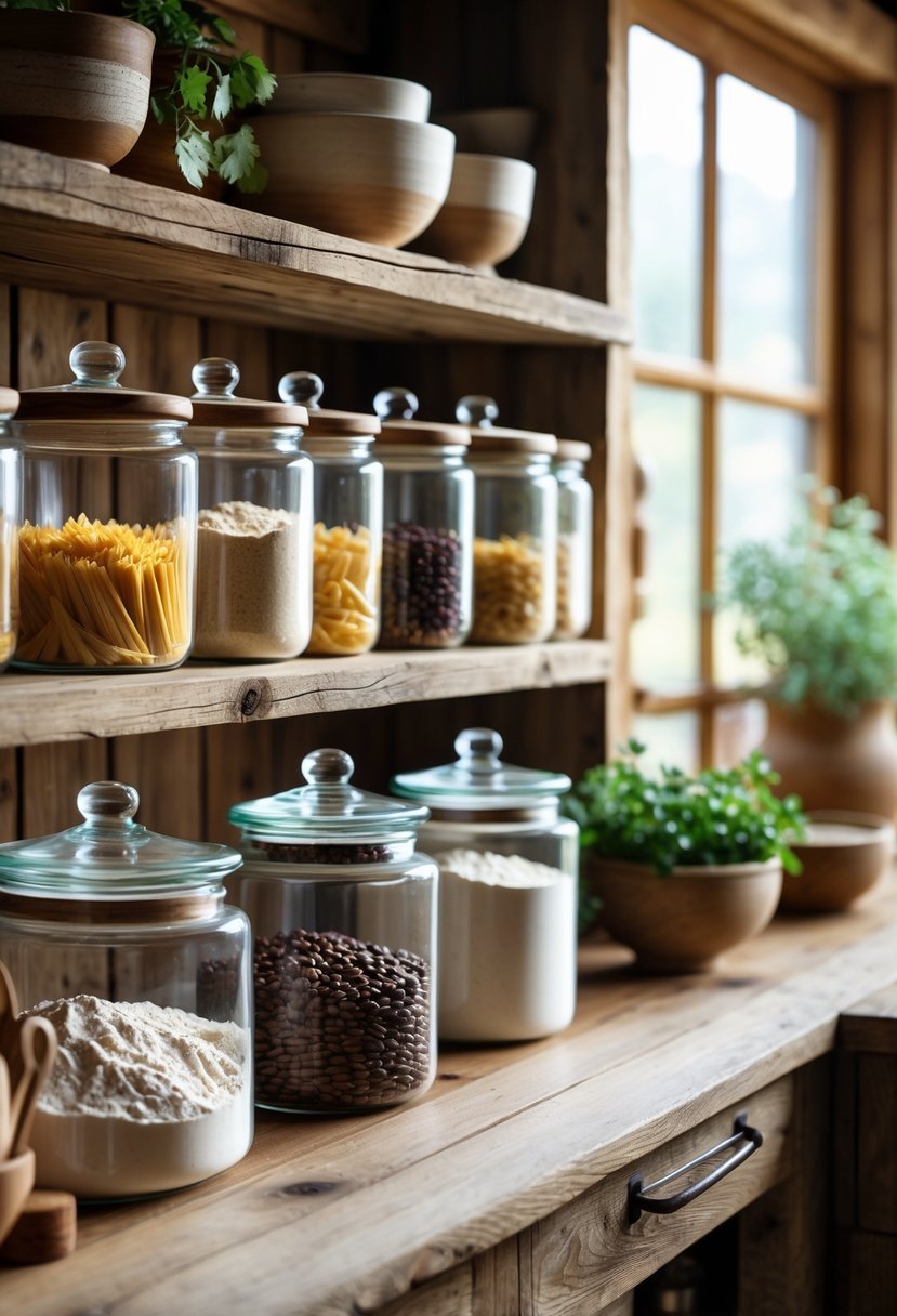 Glass jars filled with dry goods arranged on wooden shelves in a kitchen with warm lighting.