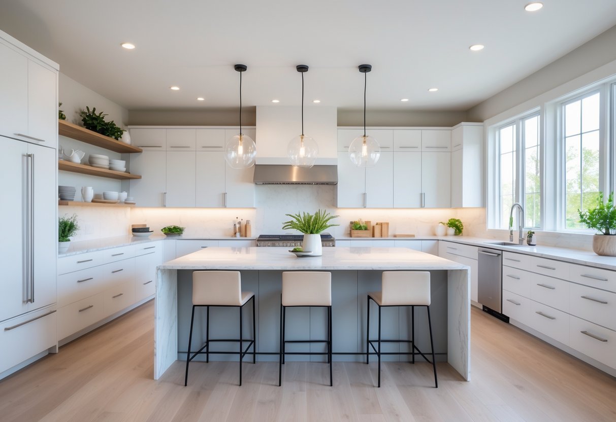 A bright modern kitchen with a marble island, stainless steel appliances, large windows, and wooden flooring.