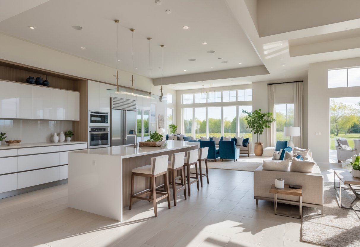 Open kitchen and living area connected in a spacious home with modern furniture and large windows letting in natural light.