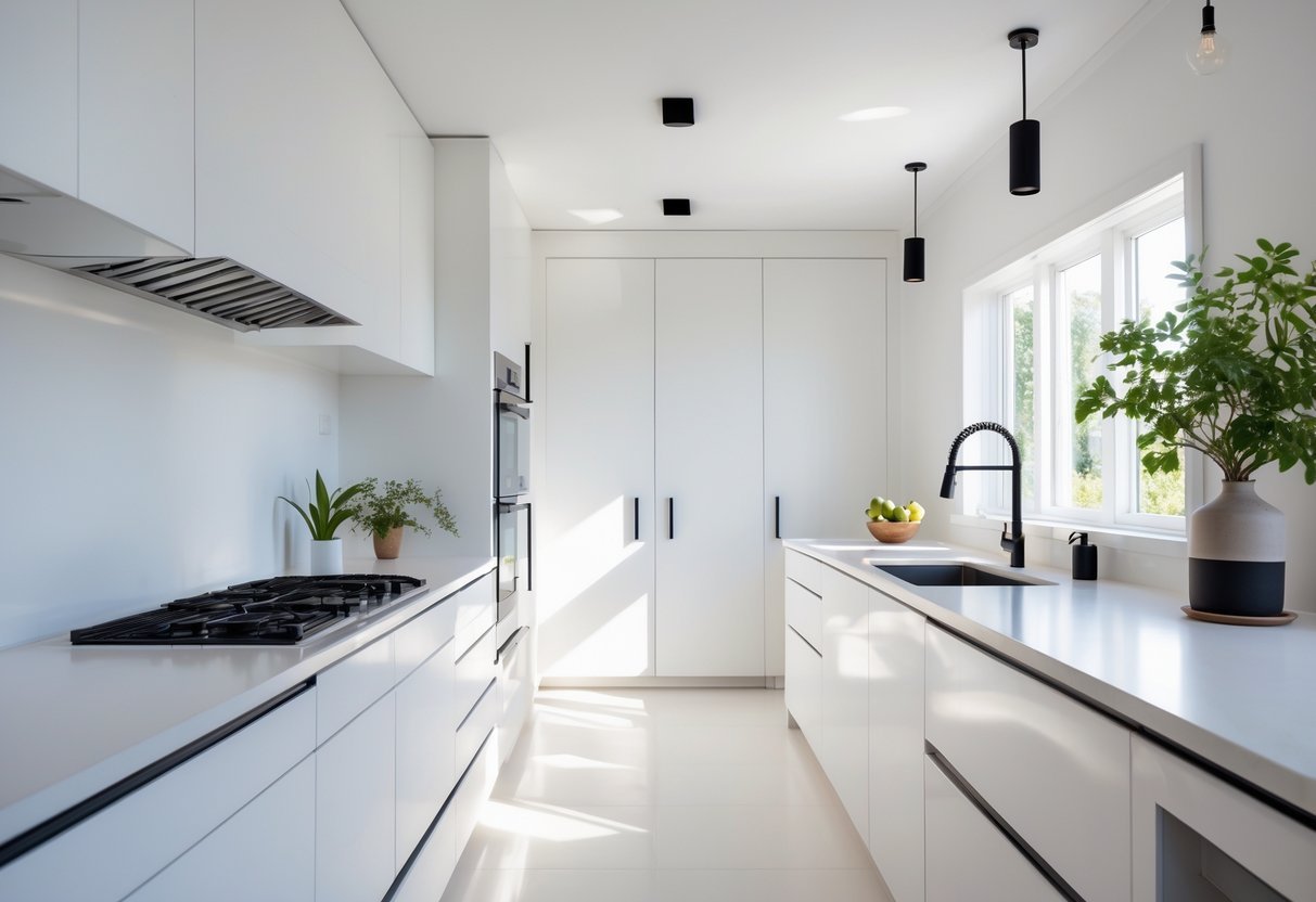 A modern kitchen with matte black fixtures and white cabinets, bright and clean with natural light.
