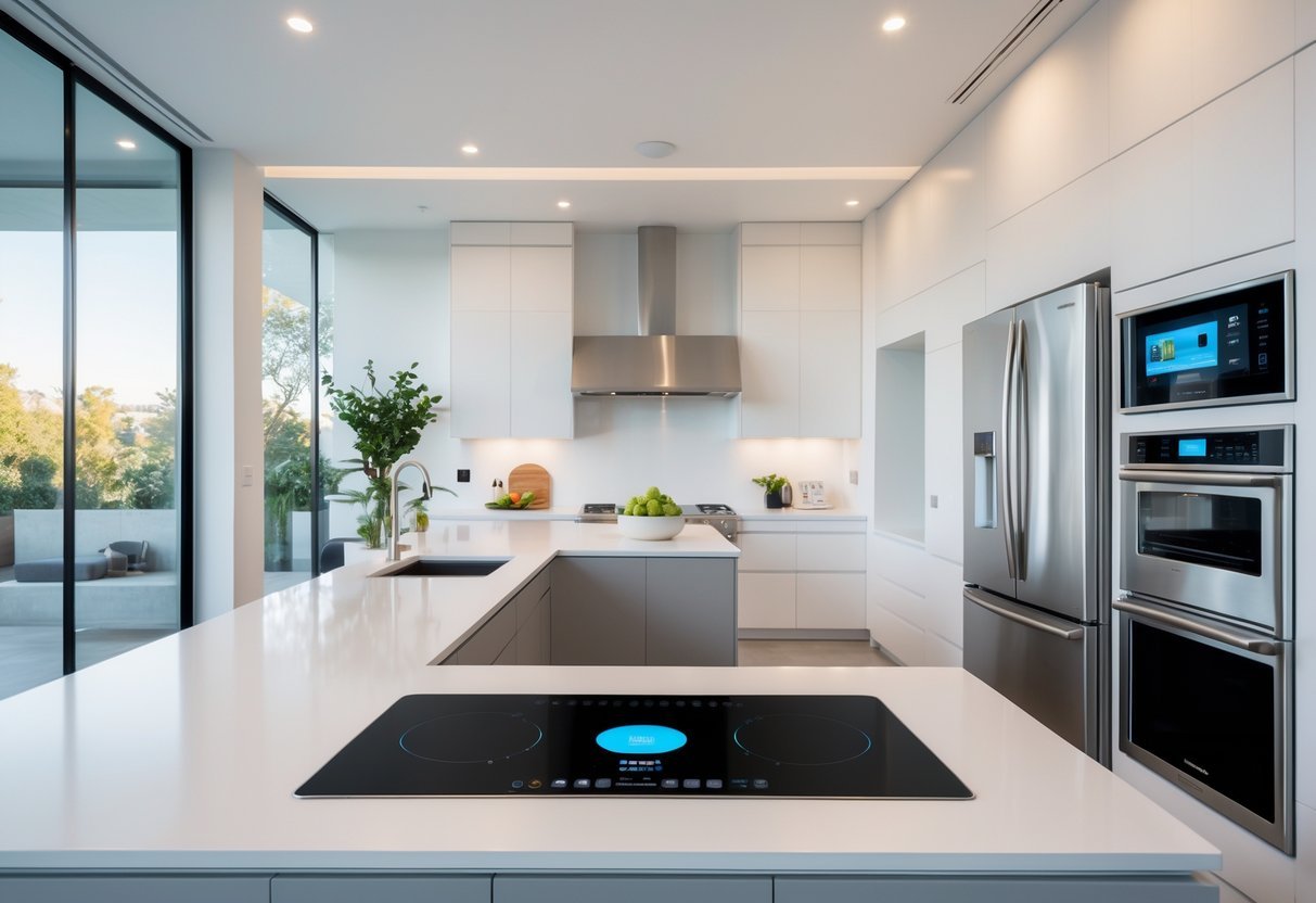 A modern kitchen with built-in smart appliances including a refrigerator, oven, and cooktop, featuring a large island and natural light.
