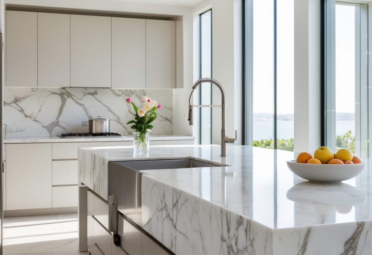 A modern kitchen with white marble waterfall countertops, neutral cabinets, and stainless steel appliances.