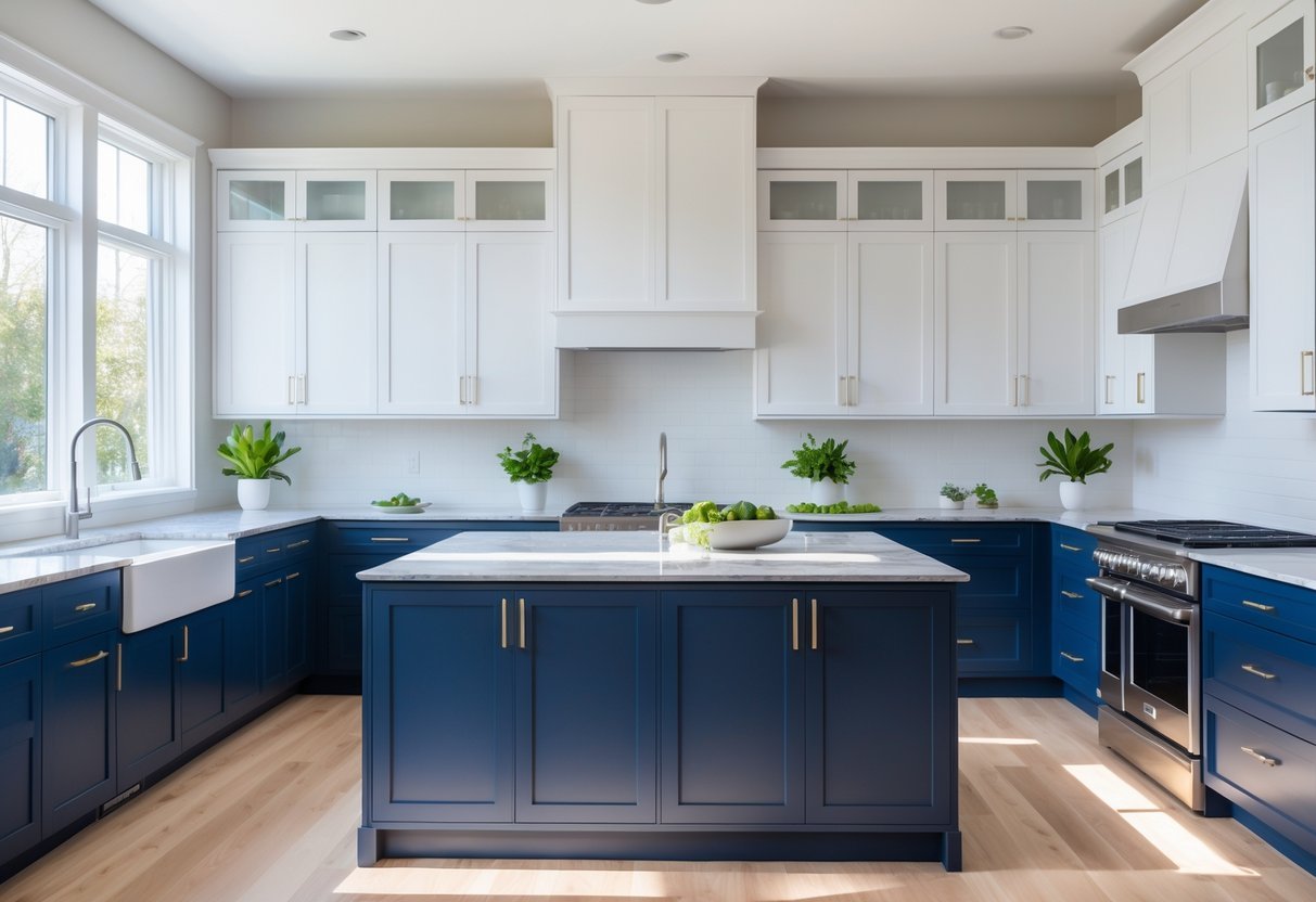 A modern kitchen with white upper cabinets and navy blue lower cabinets, a marble countertop island, stainless steel appliances, and natural light coming through large windows.