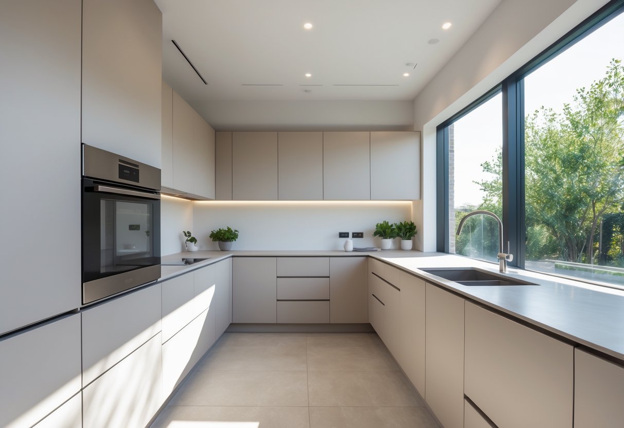 A bright kitchen with handleless cabinets, a built-in oven, and a clean countertop under natural light.