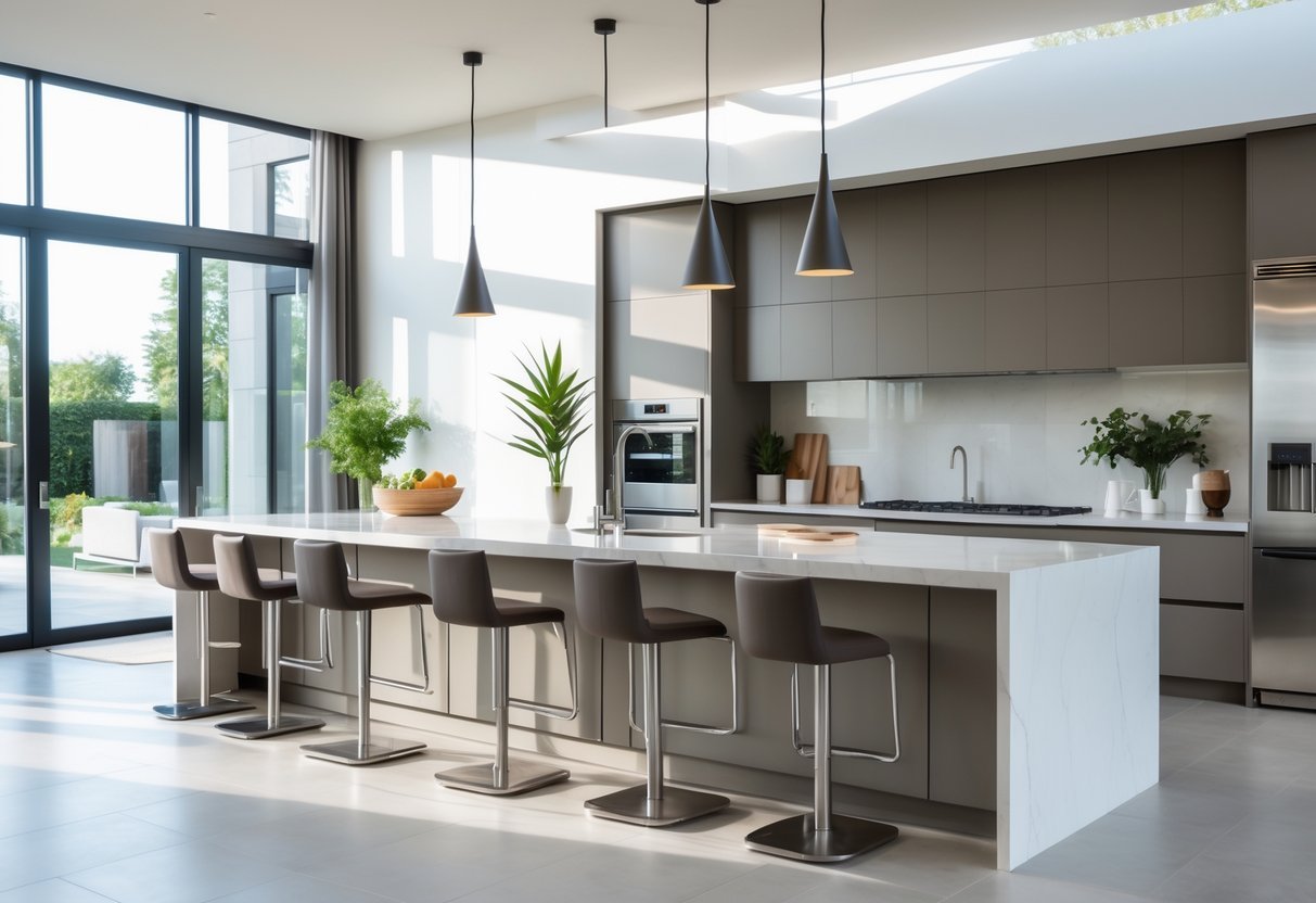 A spacious kitchen with a large island featuring built-in seating and bar stools, surrounded by modern appliances and cabinetry.