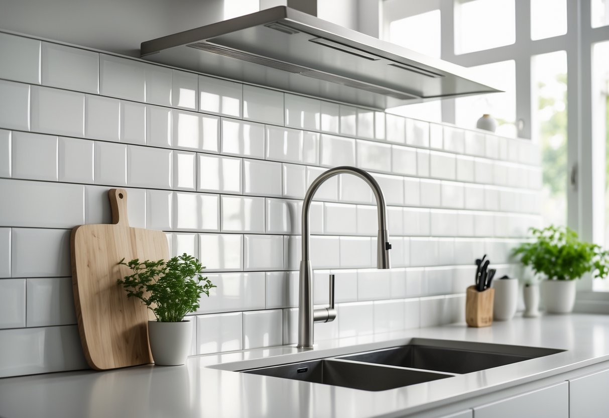 A kitchen backsplash with white tiles arranged in a herringbone pattern above a countertop with kitchen accessories.