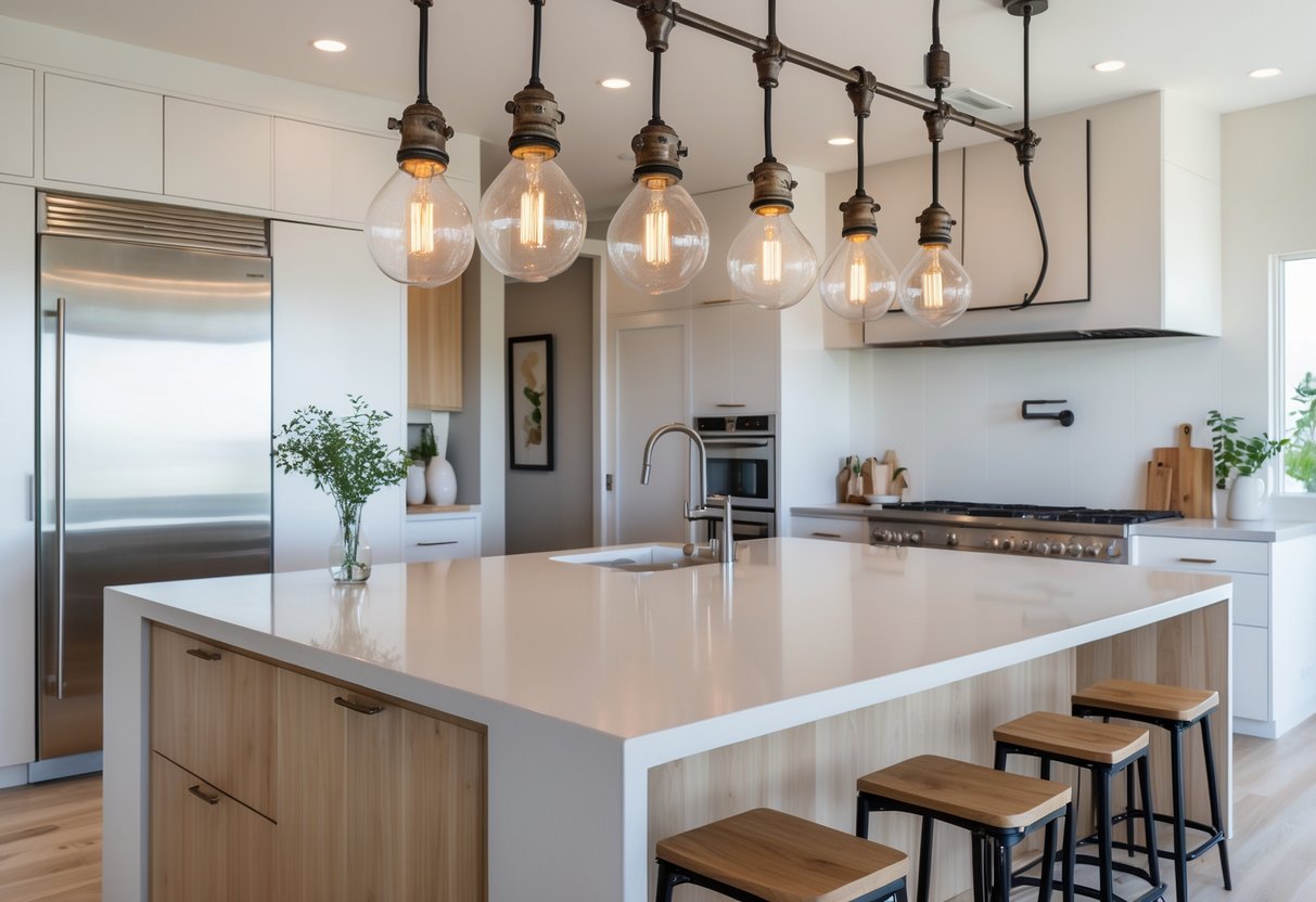 A modern kitchen with a large island and pendant lights hanging above it.