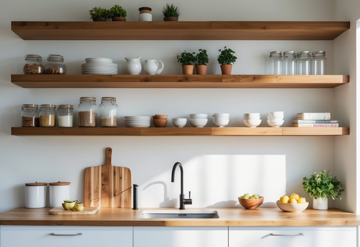A modern kitchen with floating wooden shelves holding dishes, glass jars, plants, and cookbooks above a clean countertop.