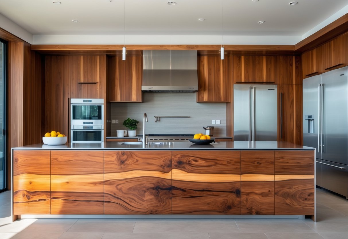 A modern kitchen featuring a wooden island with stainless steel countertops, metal appliances, and natural light illuminating the space.