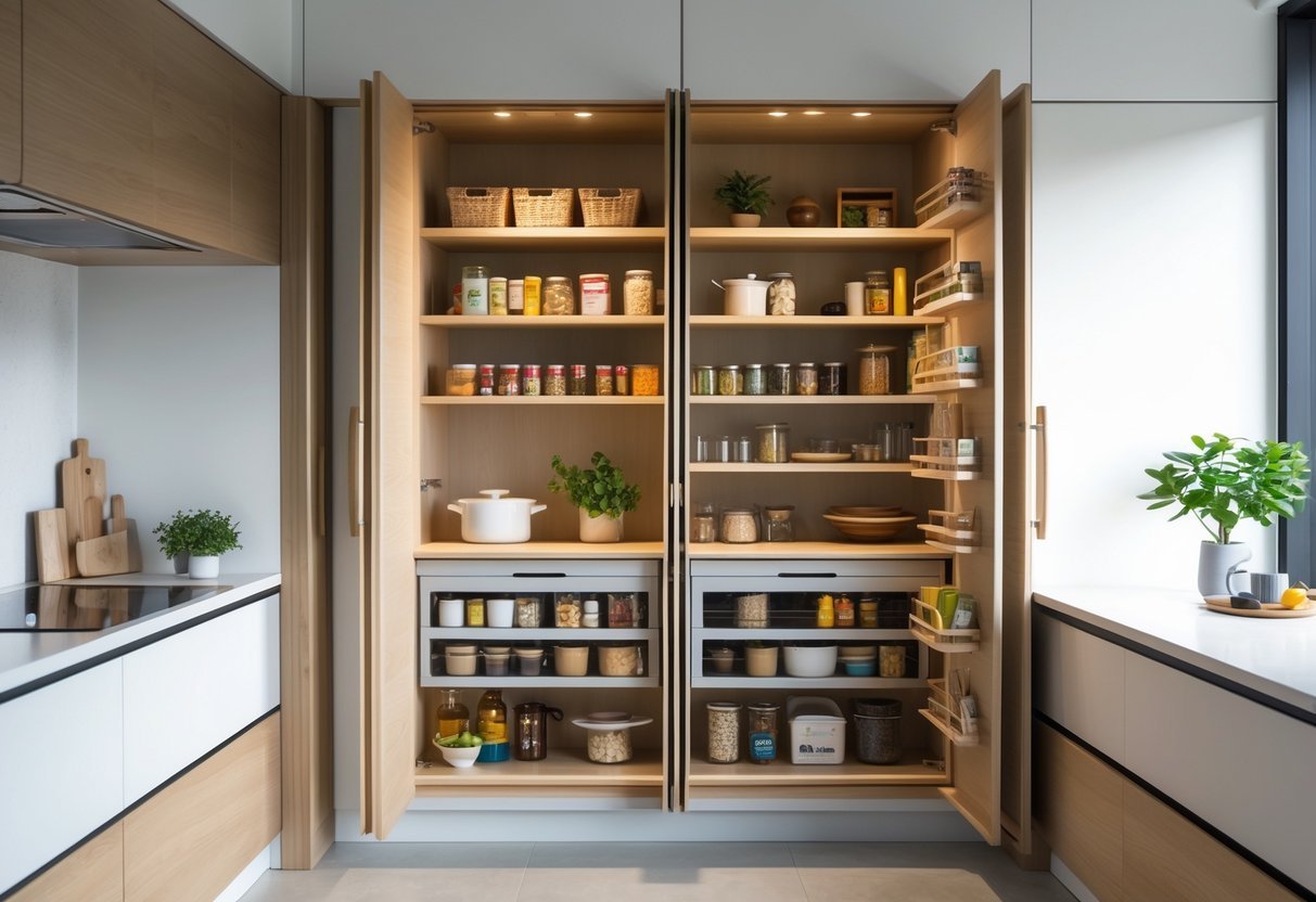 A modern kitchen showing a concealed pantry with pocket doors partially open, revealing organized shelves inside.