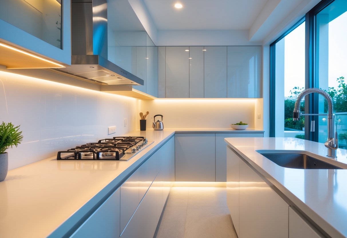 Modern kitchen with under-cabinet LED strip lighting illuminating the countertop and backsplash.