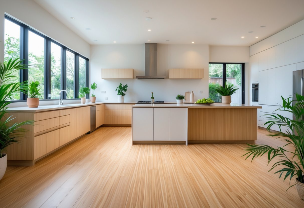 A modern kitchen with natural bamboo flooring, white cabinets, a large island, stainless steel appliances, and green plants.
