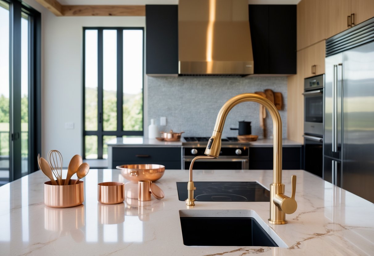 A modern kitchen with various metal finishes on fixtures and hardware, bright natural light, and clean countertops.