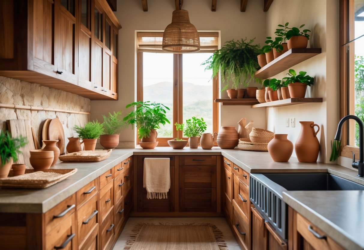 A warm kitchen with wooden cabinets, stone countertops, green plants, and natural decorative items.