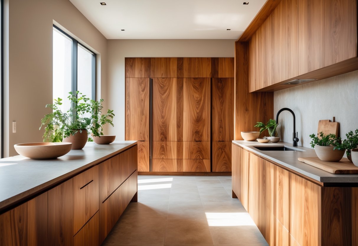 A kitchen with warm wood cabinets featuring natural grain, a stone countertop, and green plants by a window.