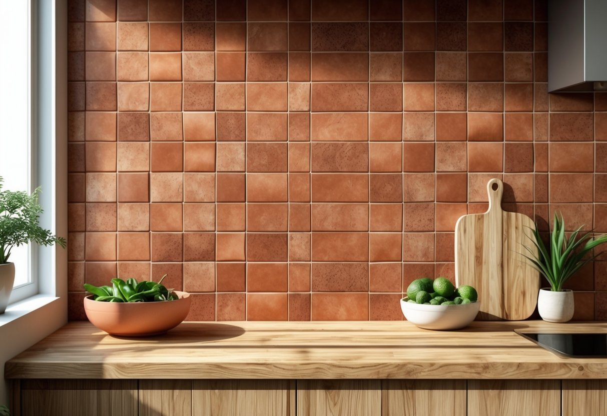 A kitchen countertop with a terracotta tile backsplash, wooden countertop, and kitchen accessories including a bowl of vegetables and a small plant.