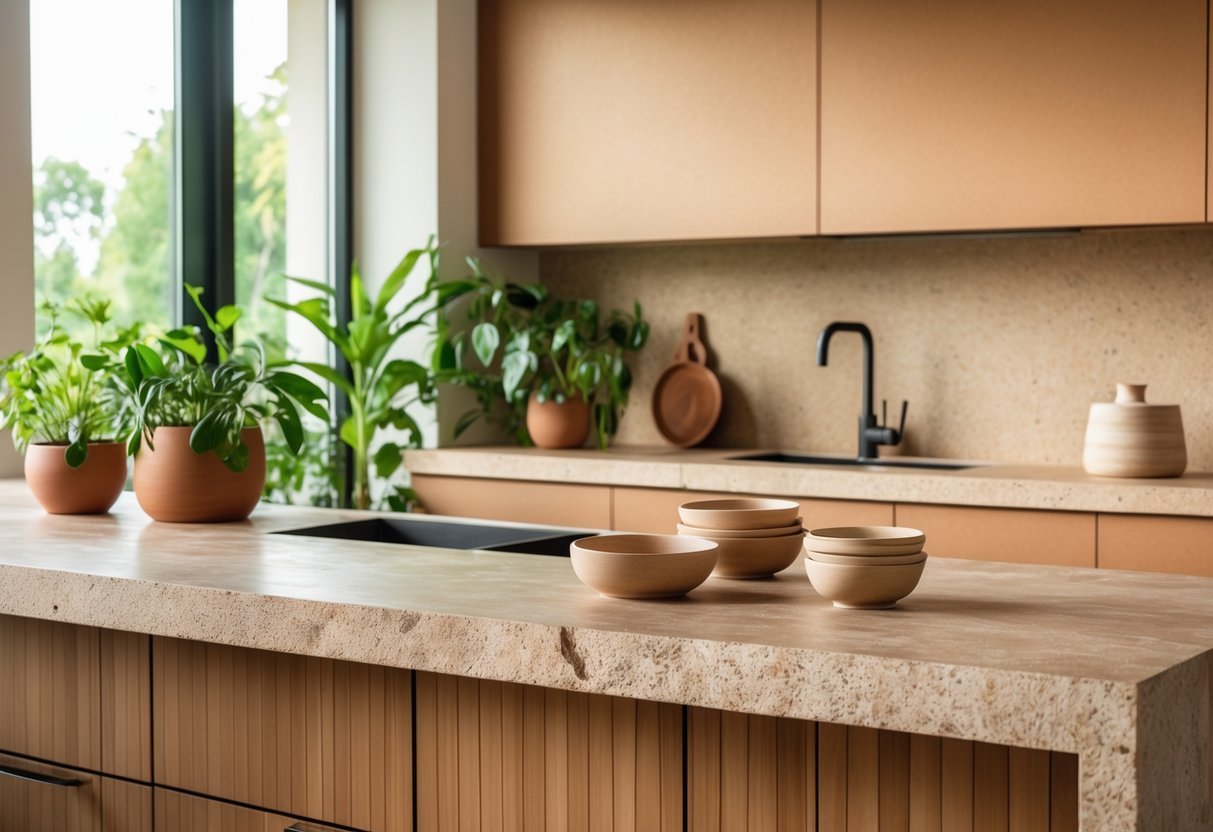 A kitchen with stone countertops in warm earth tones, wooden cabinets, green plants, and natural light coming through large windows.
