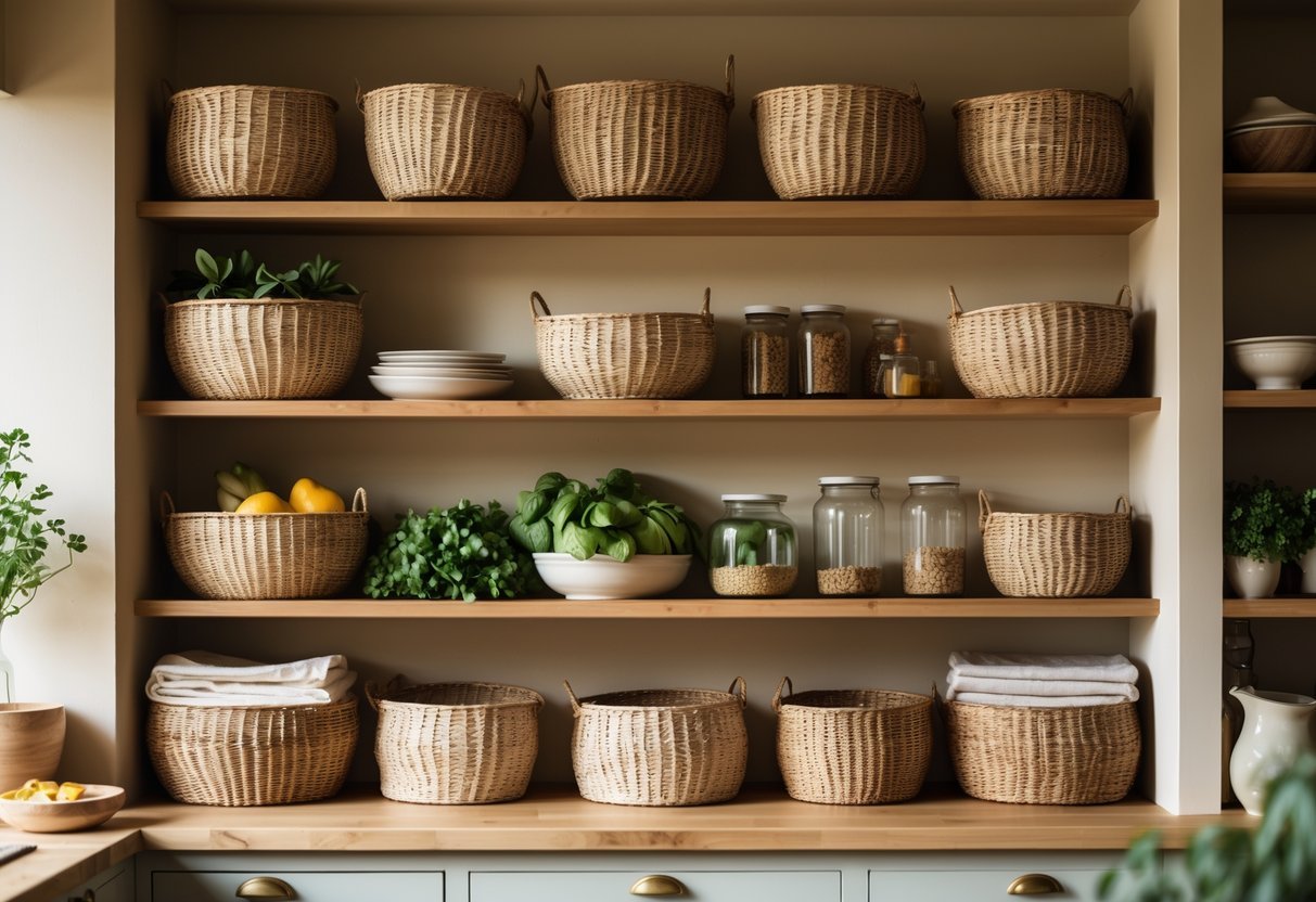 Open kitchen shelves with woven baskets holding kitchen items in a warm and natural setting.