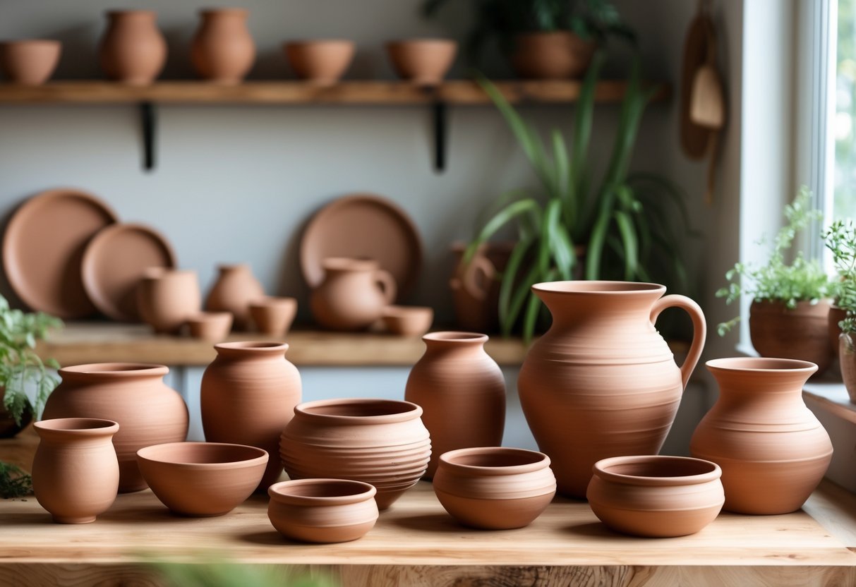 A kitchen countertop decorated with various clay pottery pieces including bowls, vases, and mugs, with wooden shelves and plants in the background.