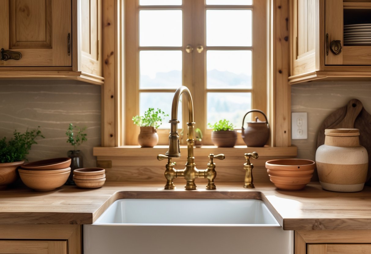 A kitchen interior with wooden cabinets, a brass faucet and handles, natural light, and various earthenware and plants on the countertop.
