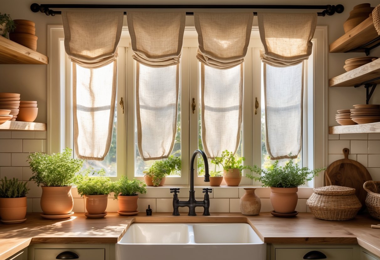 A kitchen with linen curtains on the window, wooden countertops, green plants, and warm natural light.