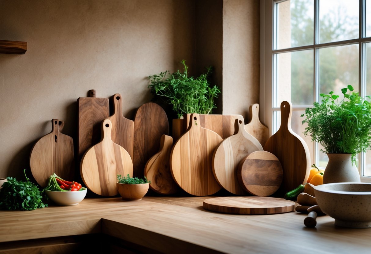 A variety of handcrafted wooden cutting boards displayed on a kitchen countertop with fresh herbs and vegetables nearby.