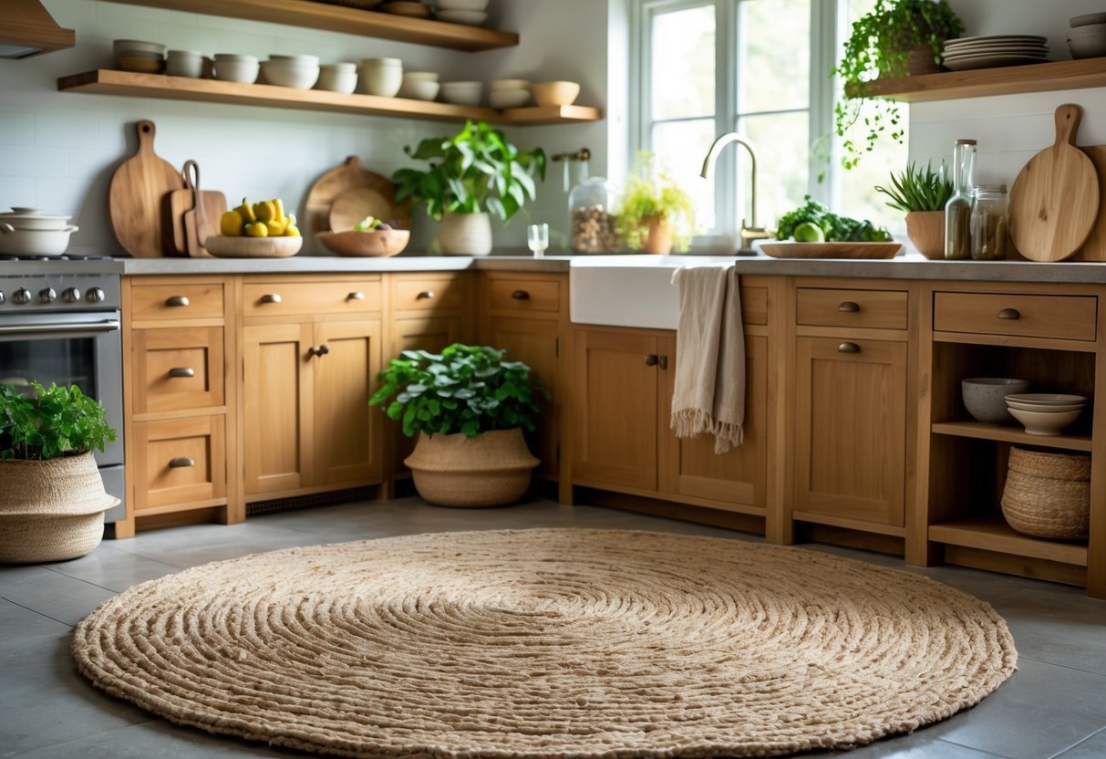 A kitchen with a large natural fiber rug on the floor, wooden cabinets, stone countertops, green plants, and fresh vegetables on the counter.