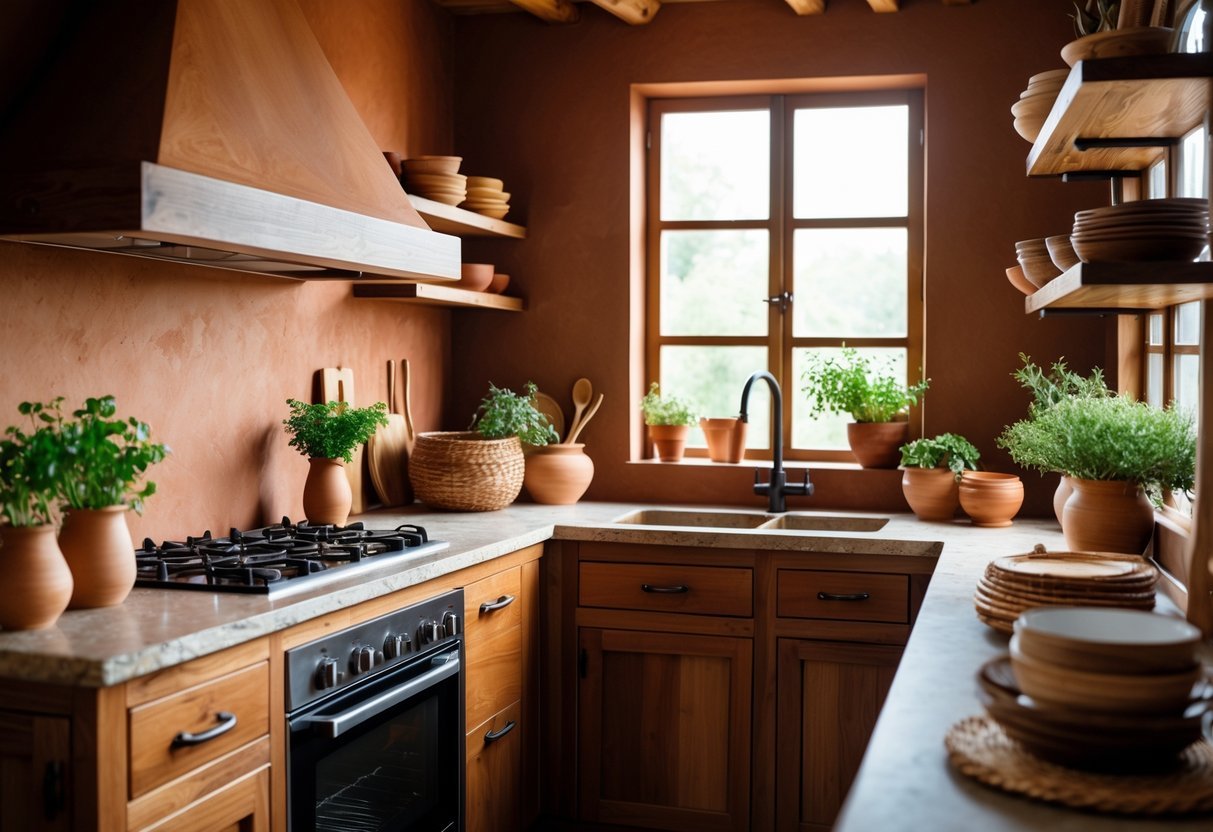 A warm kitchen with deep clay colored walls, wooden cabinets, stone countertops, plants, and natural light coming through a window.