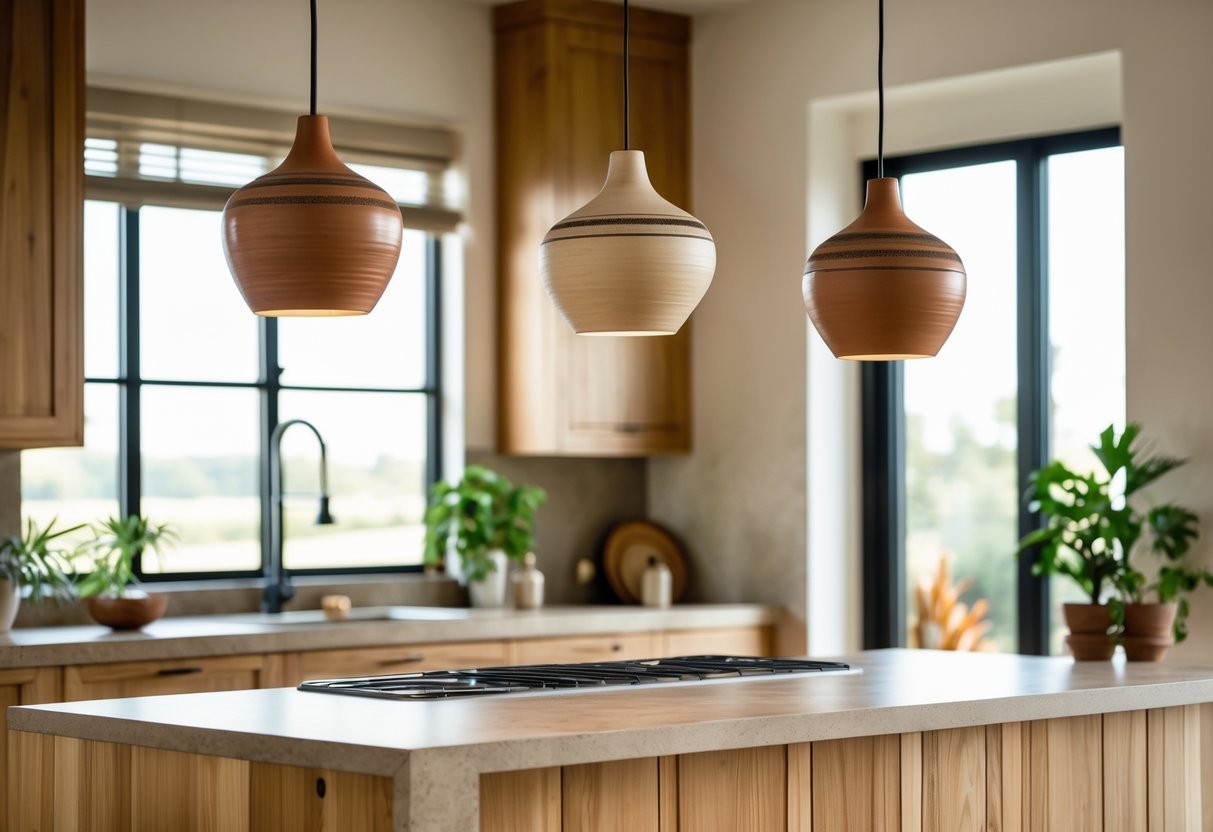 A kitchen with ceramic pendant lights hanging above a wooden island surrounded by warm-colored cabinets and plants.