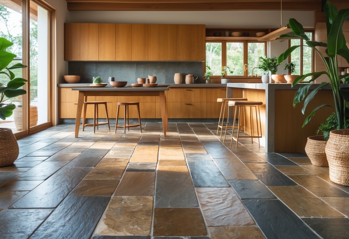 A kitchen with natural stone flooring, wooden cabinets, a kitchen island, and plants, bathed in soft natural light.