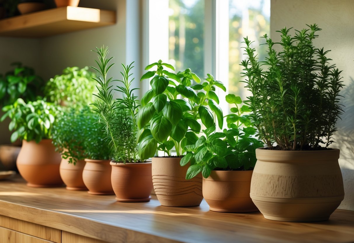 Indoor herb garden with various green herbs growing in earthy planters on a wooden kitchen countertop with natural light.