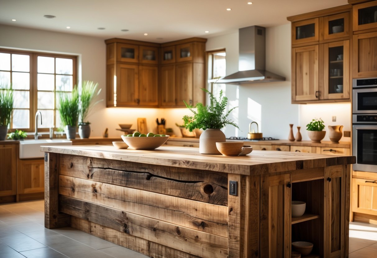 A kitchen with a large wooden island surrounded by warm-toned cabinets and natural light coming through windows.
