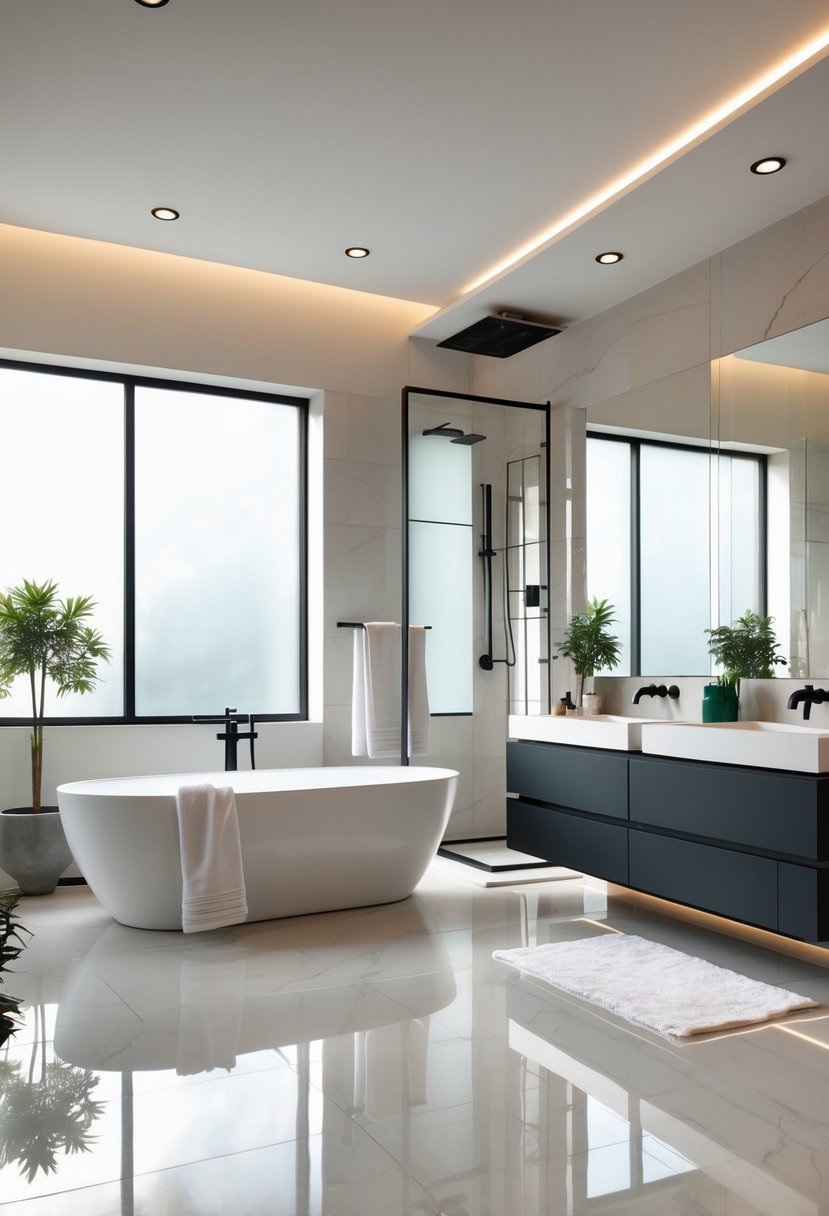 Spacious modern bathroom with a freestanding bathtub, glass shower, double sinks, and natural lighting.