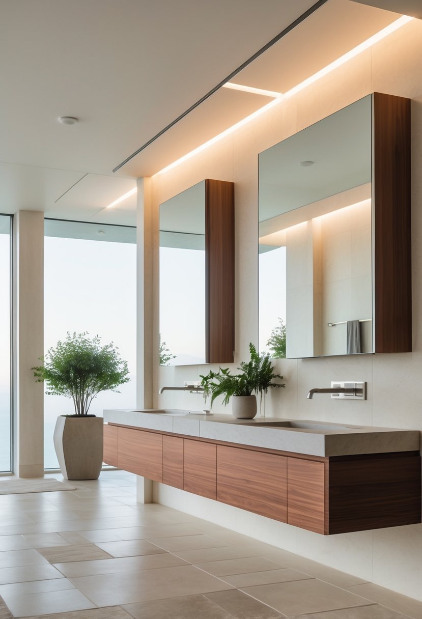 An open bathroom with floating vanities, large mirrors, and natural light coming through windows.