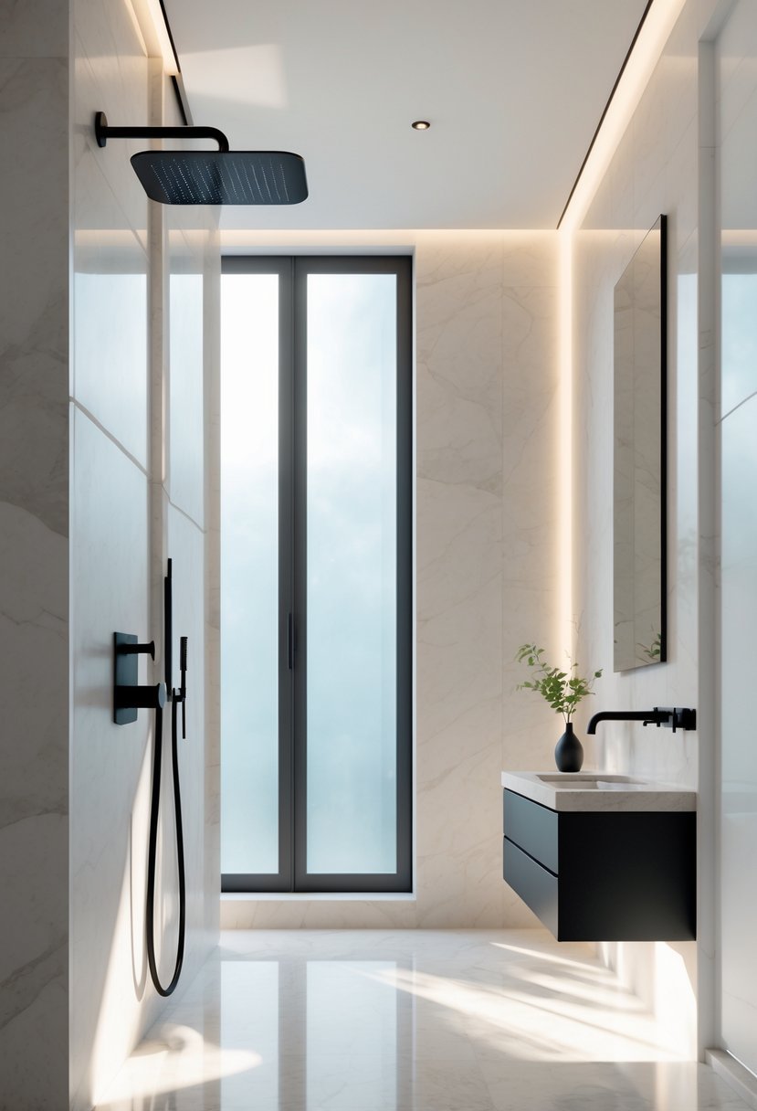 A modern bathroom with matte black faucet and showerhead, light marble walls, a floating vanity, and a small plant on the countertop.