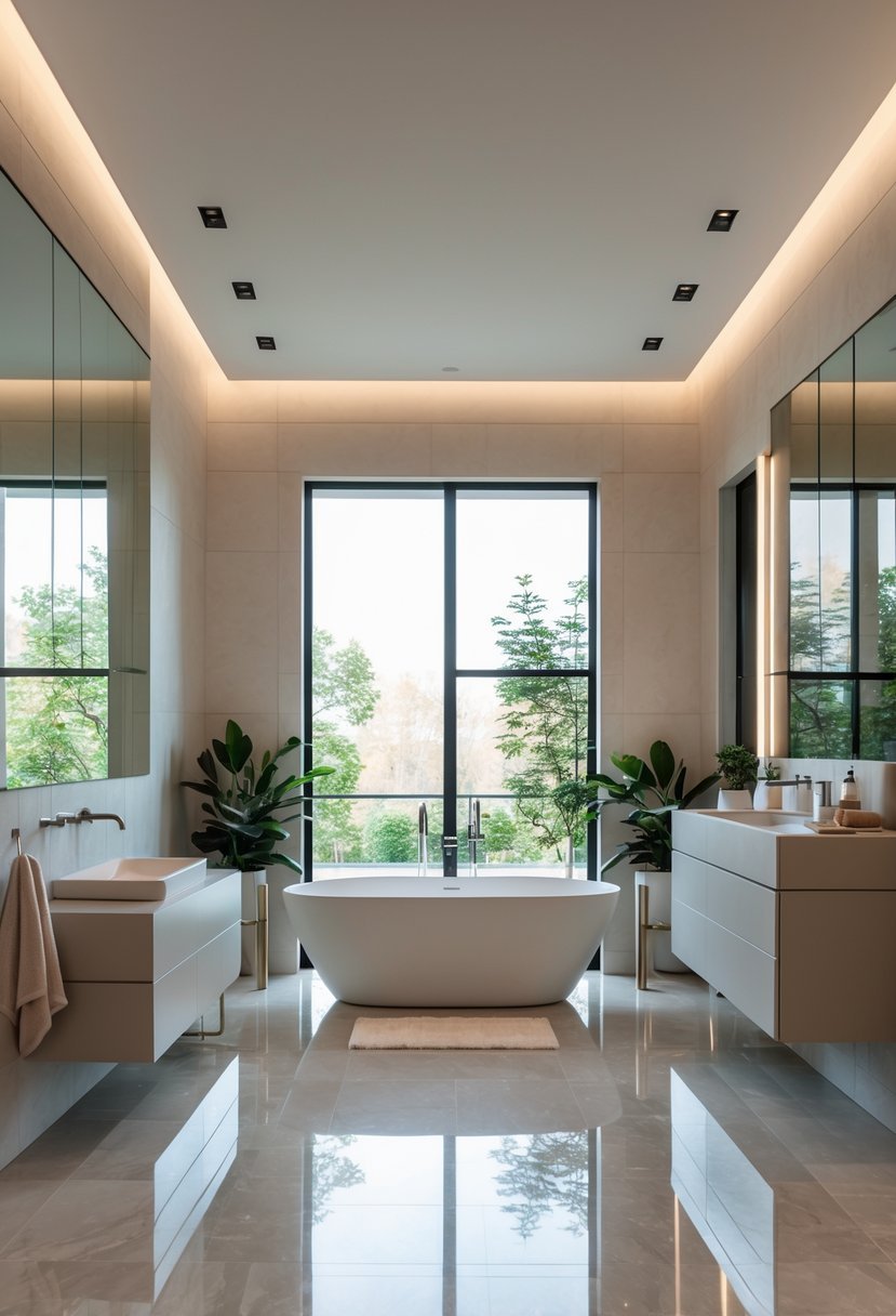 A spacious bathroom with a freestanding bathtub in the center, surrounded by a vanity, plants, and natural light from large windows.