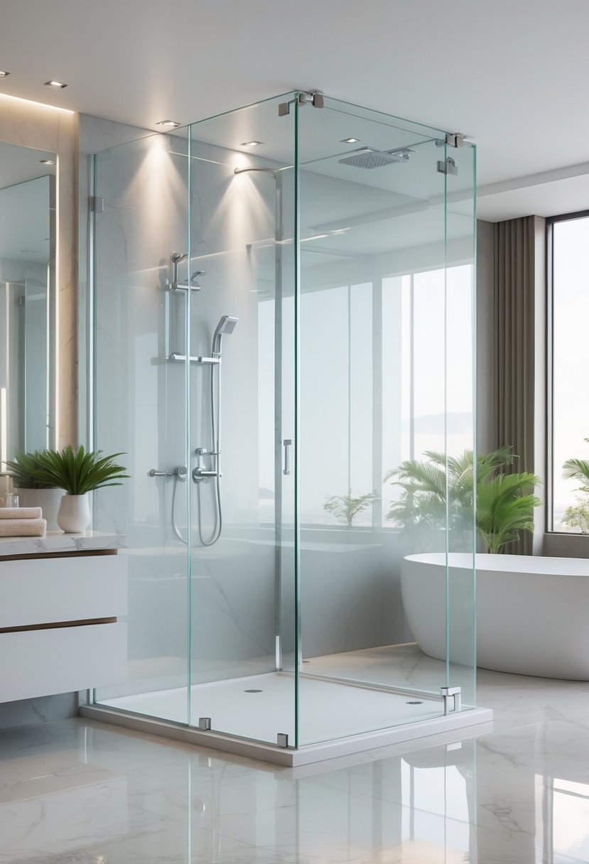 A bright bathroom with a clear glass shower enclosure, a bathtub, and a vanity with a large mirror.
