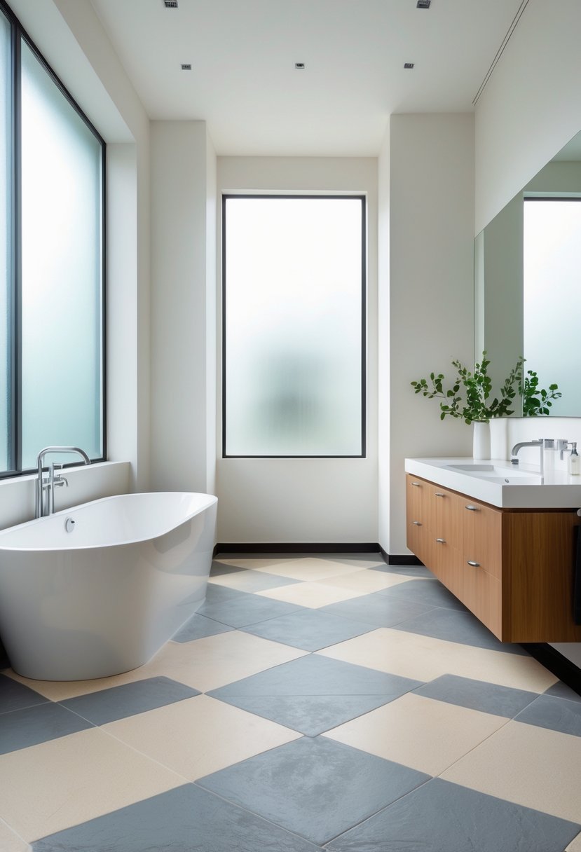 A bright bathroom with a freestanding bathtub, wooden vanity, and two-tone cement tile floor in grey and beige shades.