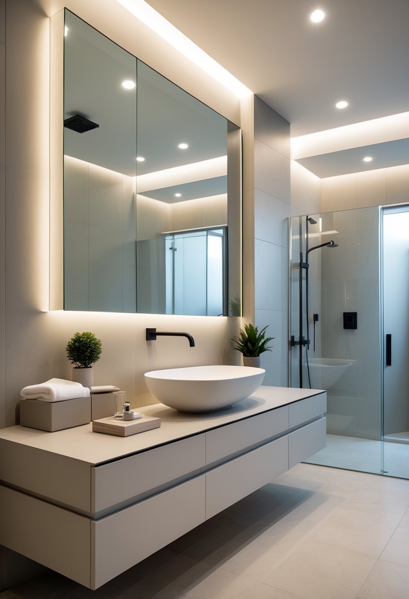 A modern bathroom with a floating vanity, vessel sink, large mirror, walk-in shower, and concealed storage units.