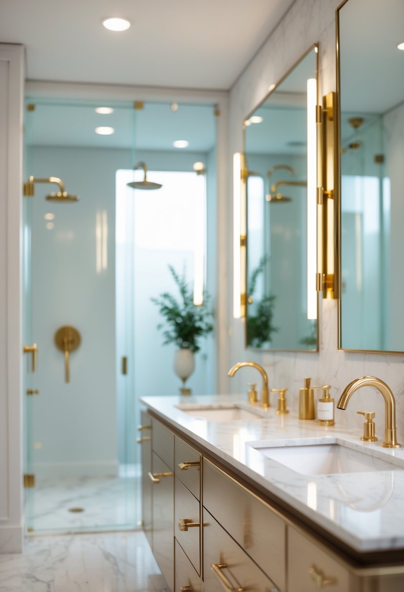 A modern bathroom with brushed gold faucets and hardware on a white marble vanity, a large mirror, and a glass walk-in shower.