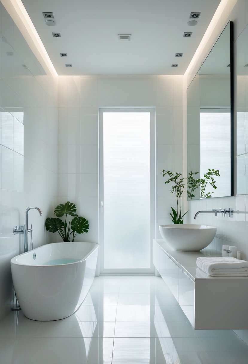 A bright bathroom with white walls and tiles, a freestanding bathtub, a vanity with a sink, and green plants.