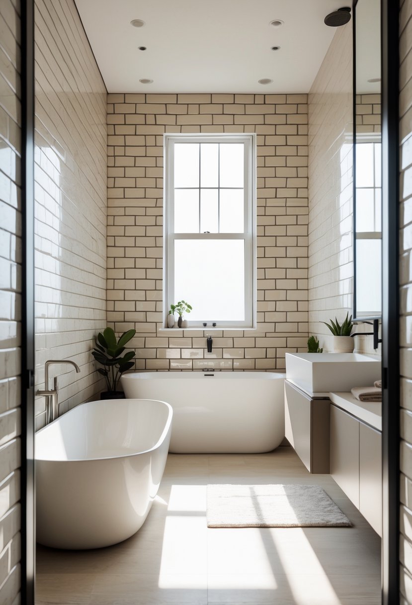A bright bathroom with a freestanding bathtub, vanity, and walls covered in white subway tiles with a handmade look.