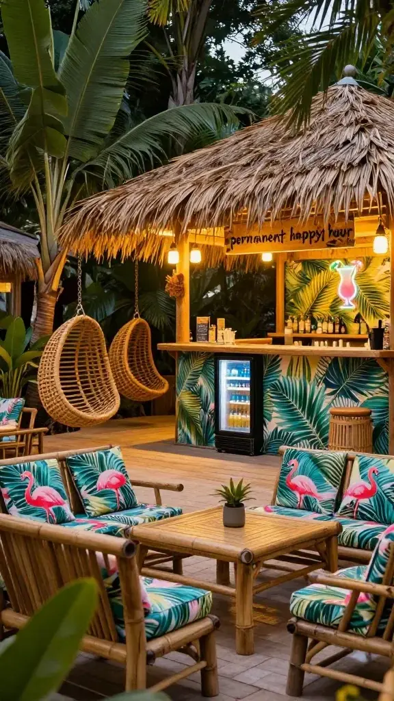 **Image Prompt:** "A vibrant, high-quality photo of an **Outdoor Living** space designed as a Tropical Tiki Party Central. The scene features bamboo furniture, flamingo-printed cushions, and a thatched roof bar with a 'permanent happy hour' sign. Rattan hanging chairs sway gently, while a neon cocktail sign glows against a palm leaf wallpaper accent wall. A small outdoor fridge stocked with drinks sits conveniently nearby, and tropical plants surround the area, enhancing the lush, festive vibe. The lighting is warm and golden, capturing the essence of a perpetual summer evening in this stylish, immersive outdoor retreat."