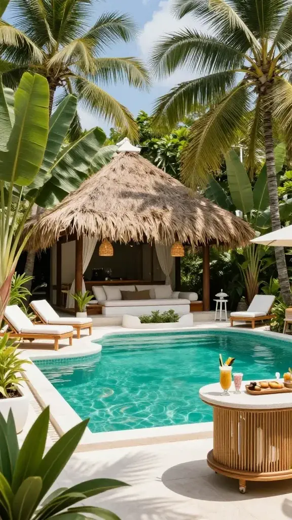 **Image Prompt:** *A jaw-dropping outdoor tropical oasis featuring a luxurious poolside cabana with a thatched roof, surrounded by lush palm trees and oversized banana leaves. A turquoise plunge pool glistens under the sun, flanked by teak loungers and a stylish waterproof daybed. Rattan pendant lights sway gently above, while a chic outdoor bar cart stocked with piña colada essentials adds a vacation-ready vibe. The vibrant color palette of emerald green, crisp white, and turquoise enhances the Bali-inspired paradise, making this the ultimate backyard retreat for sun worshippers. The scene exudes relaxation, elegance, and an irresistible invitation to unwind.*