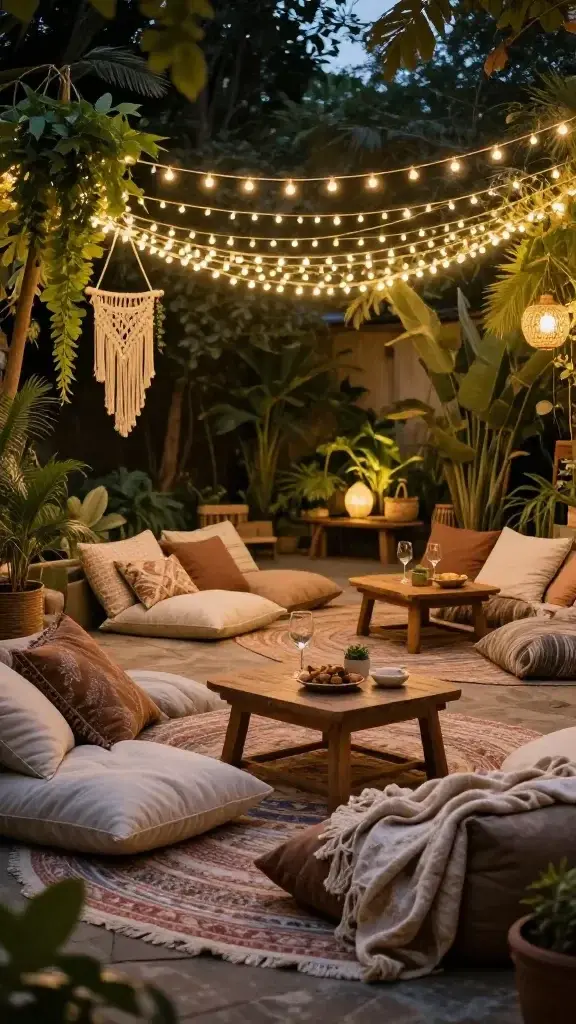 **Image Prompt:** *A jaw-dropping backyard transformed into a cozy bohemian hangout, featuring oversized floor pillows and plush cushions arranged on layered textured rugs under a dreamy canopy of twinkling string lights. Low wooden tables hold wine glasses and snacks, while macramé plant hovers drip with lush trailing greenery. The space radiates laid-back boho charm, perfect for lazy Sundays and intimate gatherings, with soft blankets casually draped for extra warmth. The warm glow of the lights casts a magical ambiance over this Pinterest-worthy outdoor oasis.*